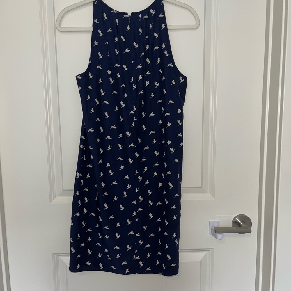 Theory Navy 100% Silk Dress with White Crane Bird Design - Picture 4 of 5